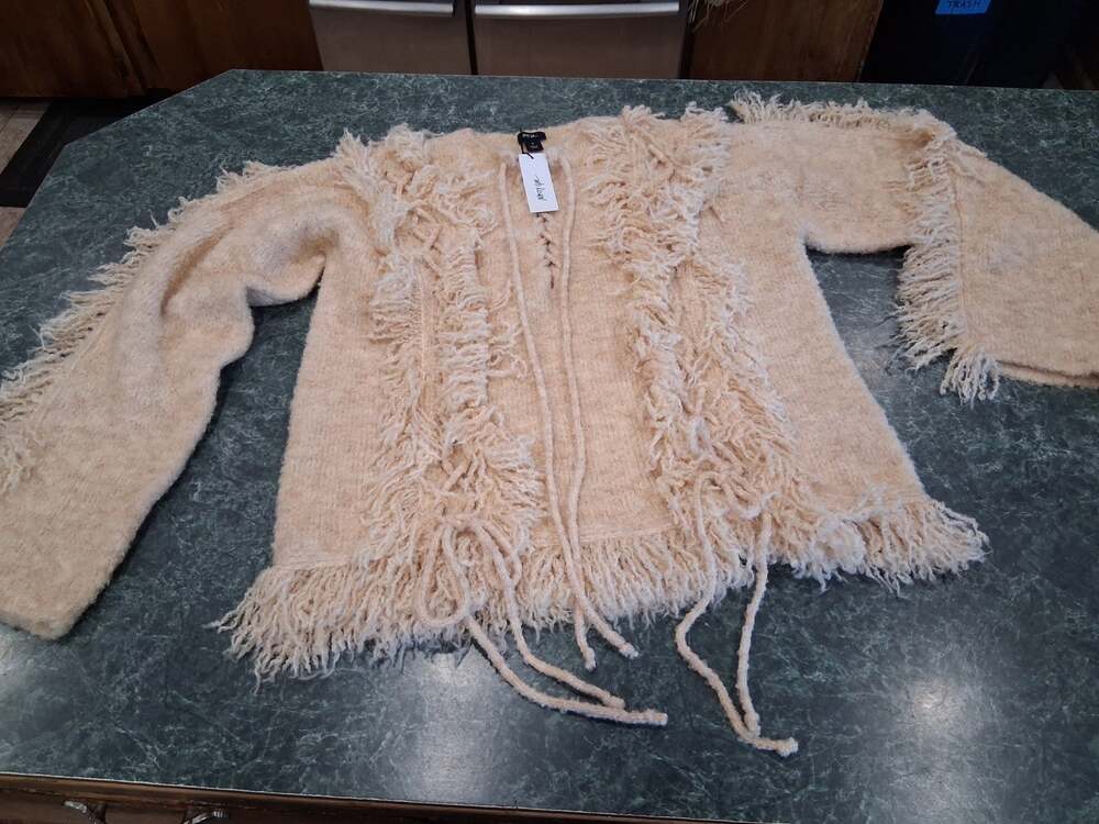 NWT Nasty Gal Lace Up Fringe Sweater Cream Textured Knit Boho Cowgirl Shaggy M